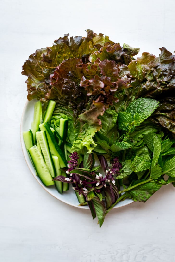 Lettuce, mint, and cucumbers on a white plate.