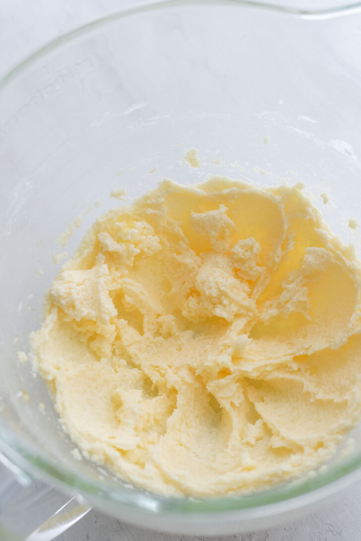 Mixed wet ingredients in a stand mixer.