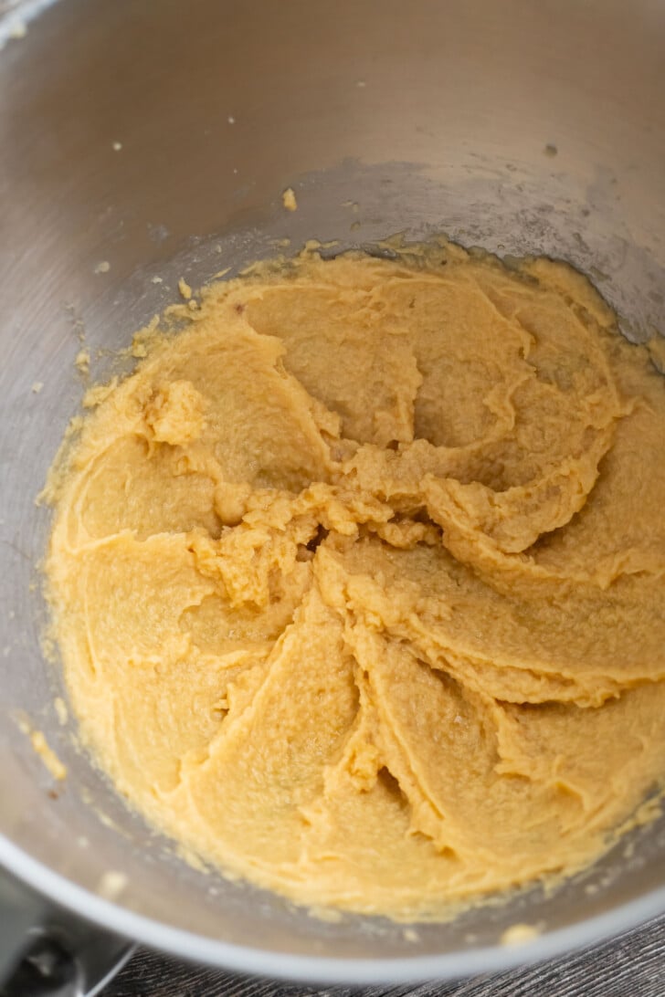 Wet ingredients mixed in a stand mixer