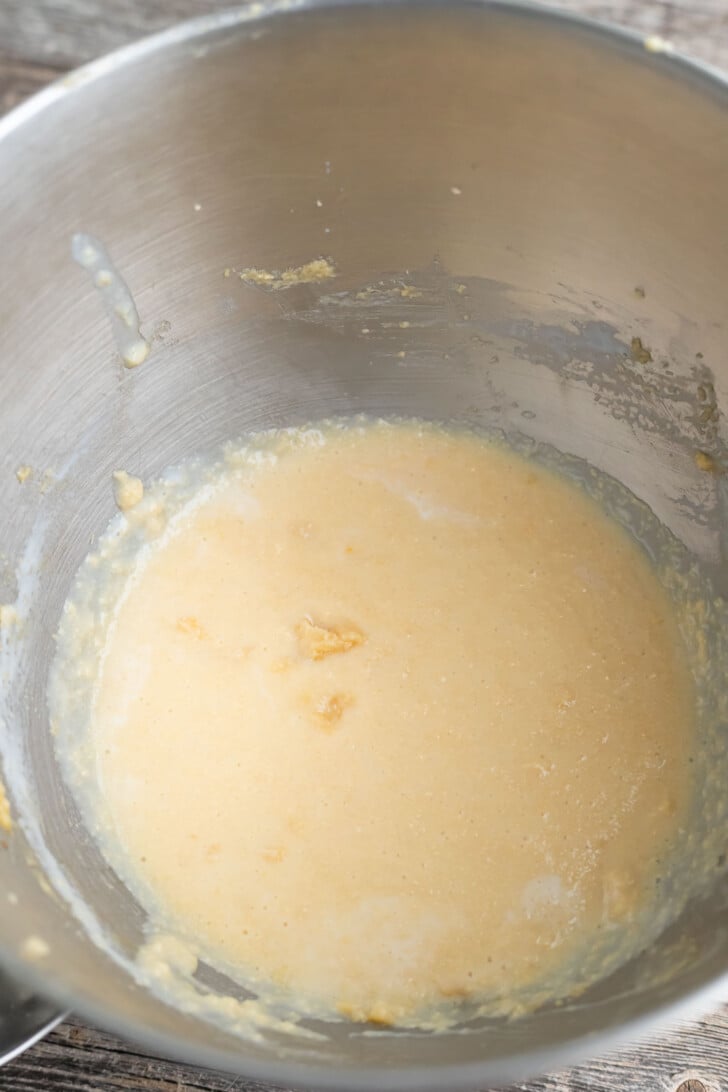 Wet ingredients mixed in a stand mixer