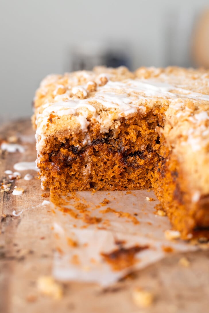 Thai tea coffee cake on a cutting board