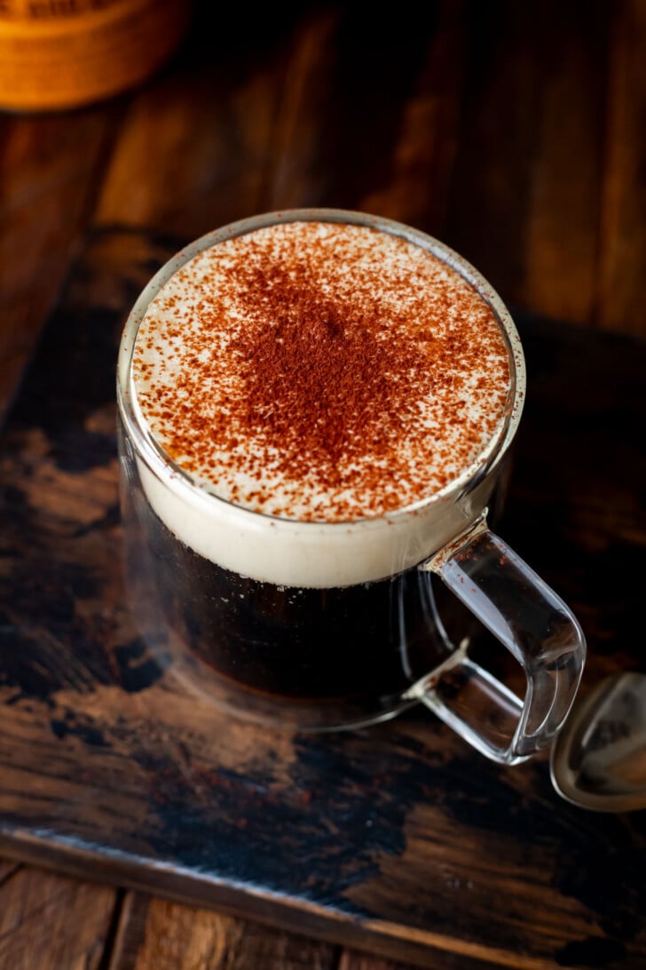 Vietnamese egg coffee in a coffee mug.