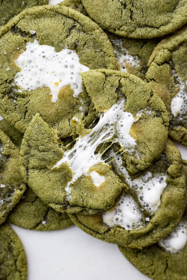 Pulling apart matcha hot chocolate cookie