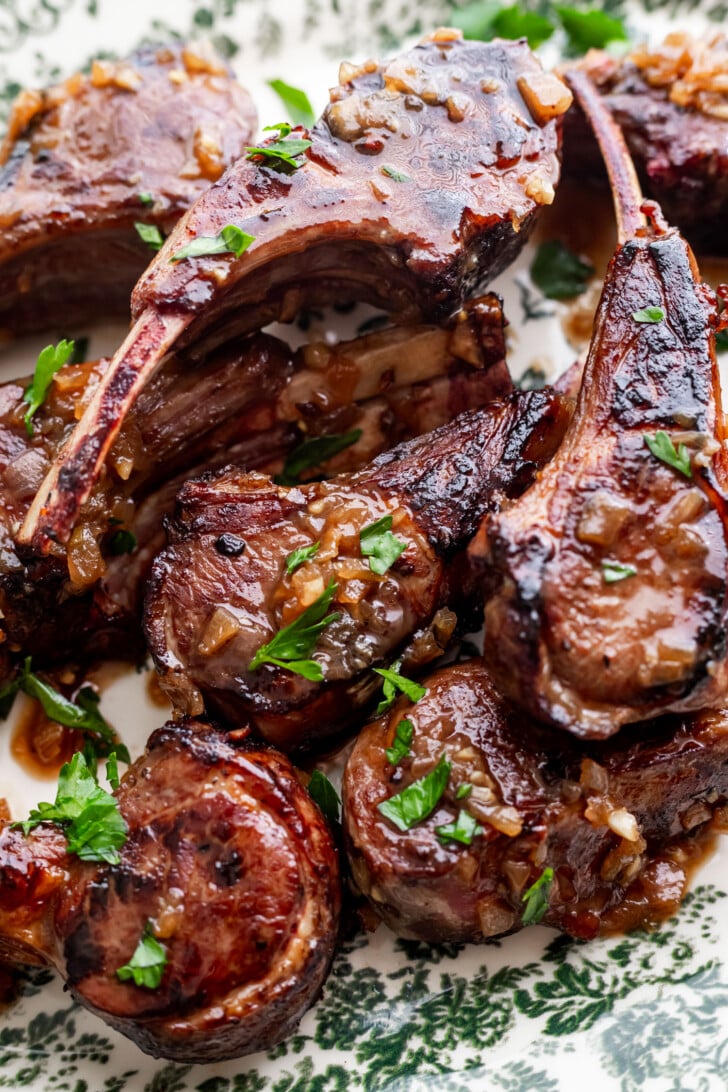 Vietnamese caramelized lamb chops on a serving dish.