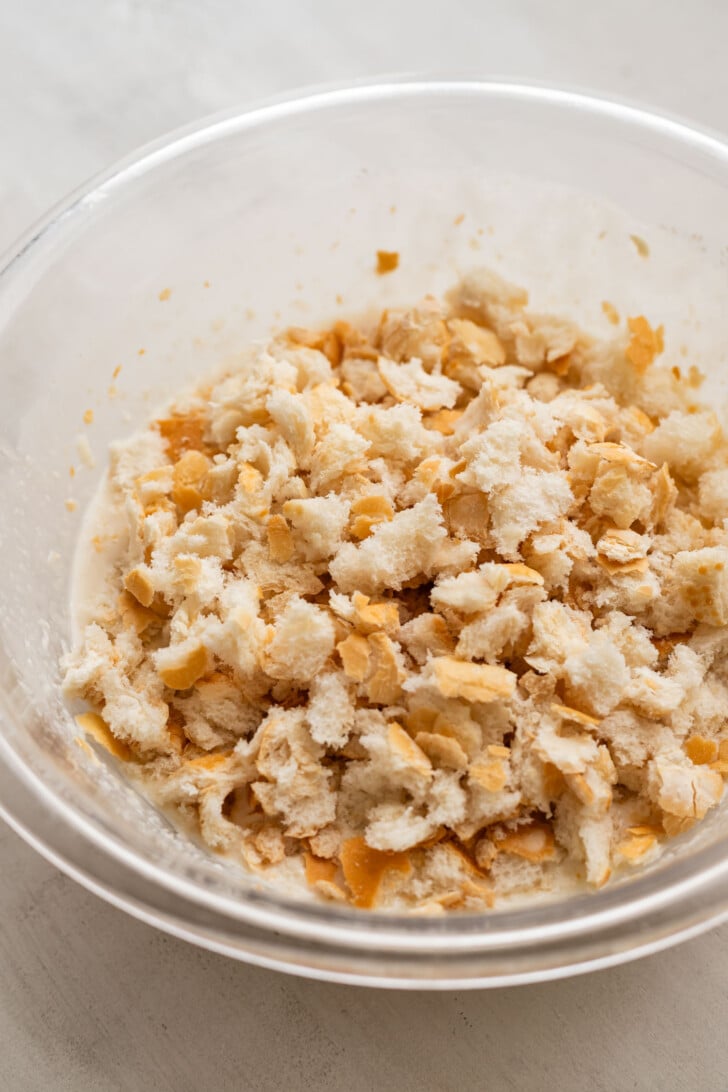 Baguette pieces on top of the batter.