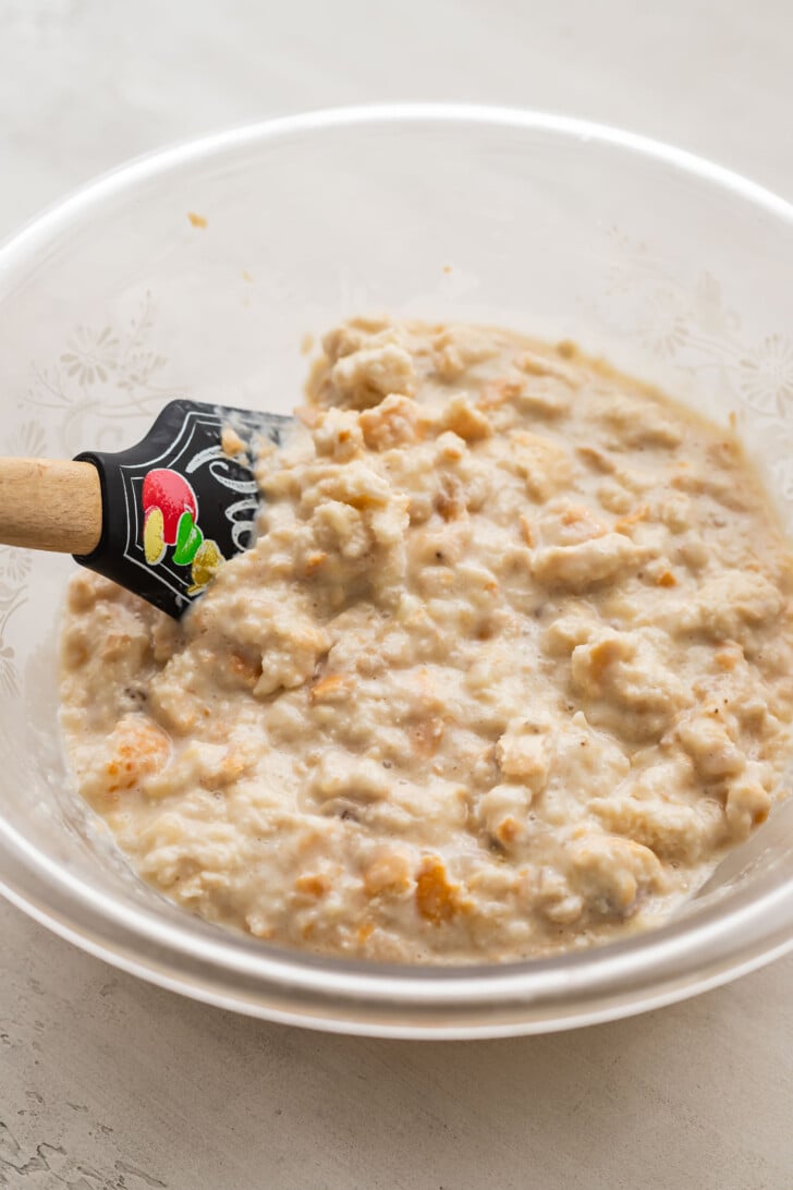 Baguette pieces mixed into the batter.
