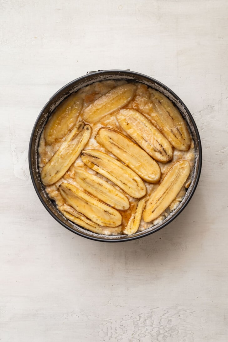 Banana cake batter in 8 inch cake pan.